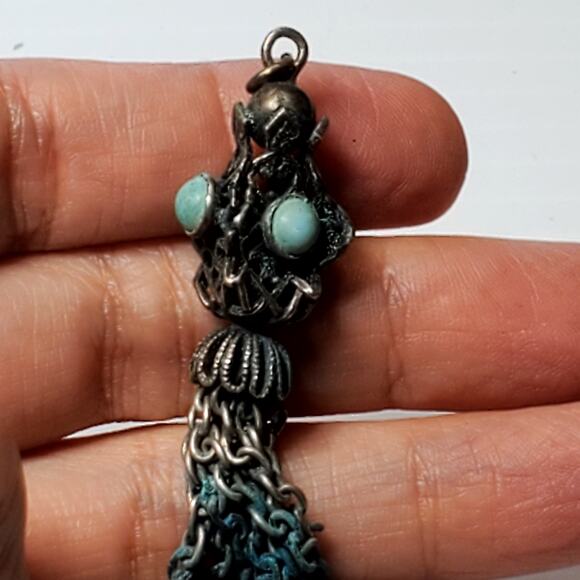 Antique Chain Dangle Pendant 2" Small Baby Blue Cabochons Patina - Picture 5 of 7